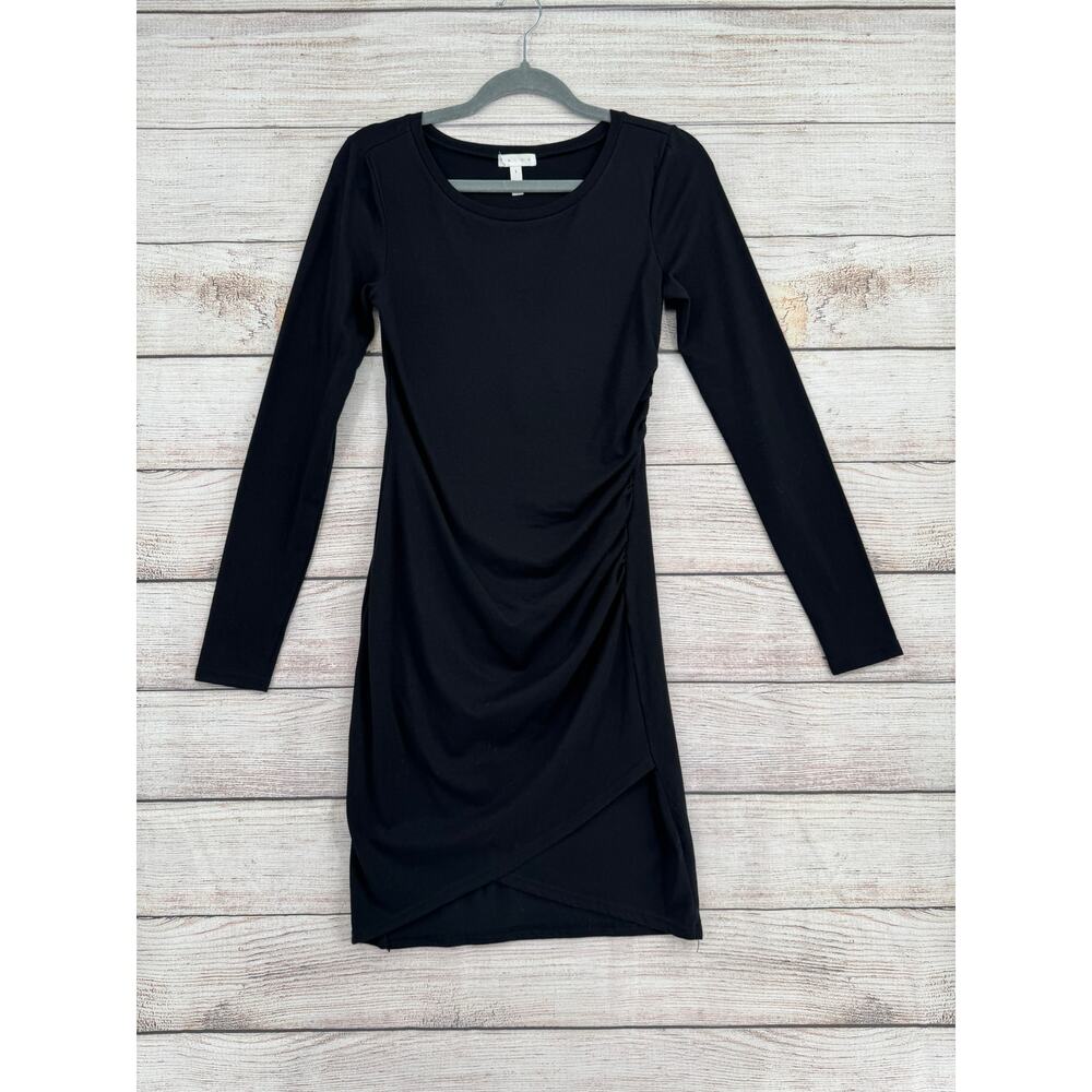 Leith Ruched Bodycon Dress Womens Small‎ Black Long Sleeve Shirt Dress